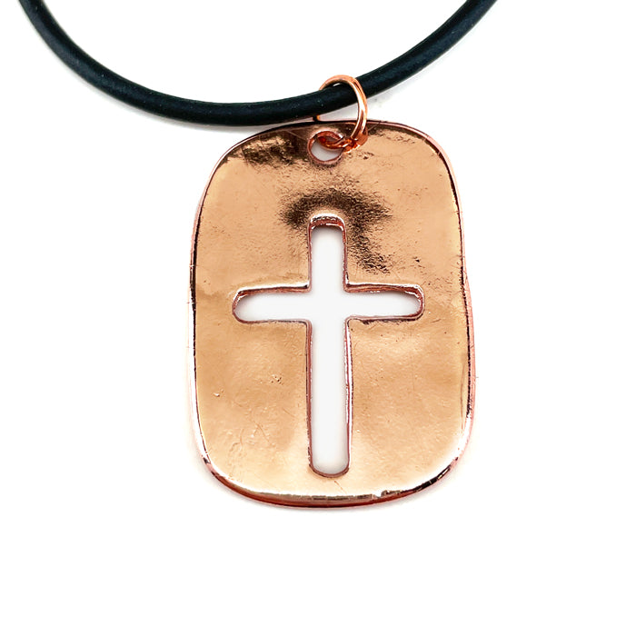 Cross Tag Shiny Copper Finish Black Cord Necklace - Forgiven Jewelry