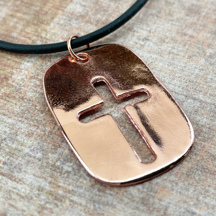 Cross Tag Shiny Copper Finish Black Cord Necklace - Forgiven Jewelry