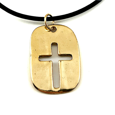 Cross Tag Gold Finish Black Cord Necklace - Forgiven Jewelry