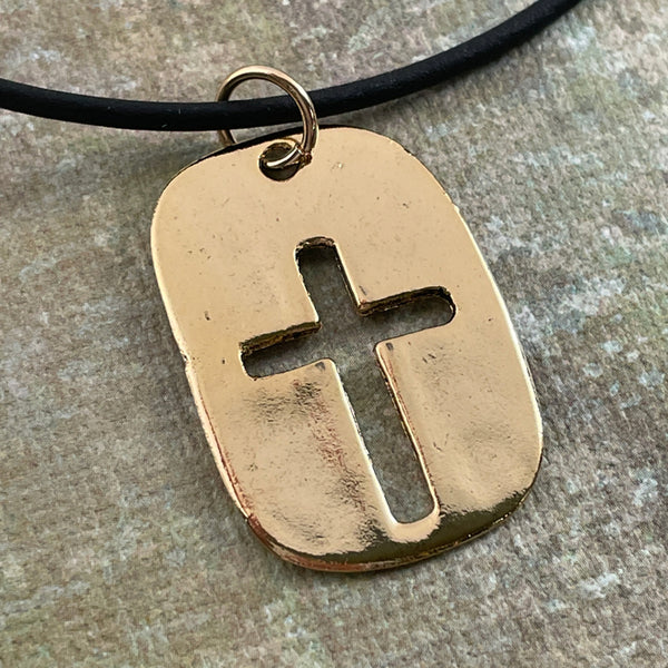 Cross Tag Gold Finish Black Cord Necklace - Forgiven Jewelry
