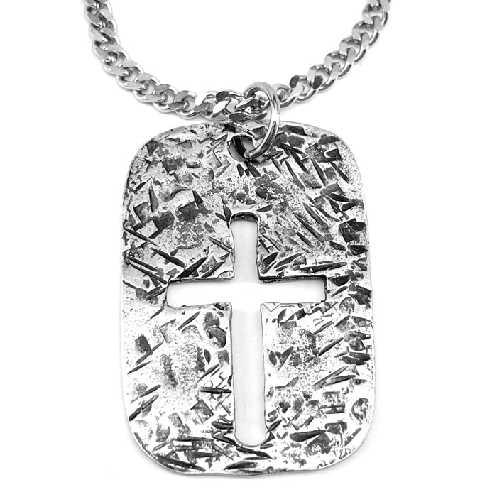 Cross Tag Hammered Finish Chain Necklace - Forgiven Jewelry