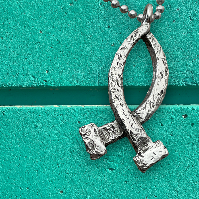 Ichthus Fish Hammered Nails Large Ball Chain Necklace