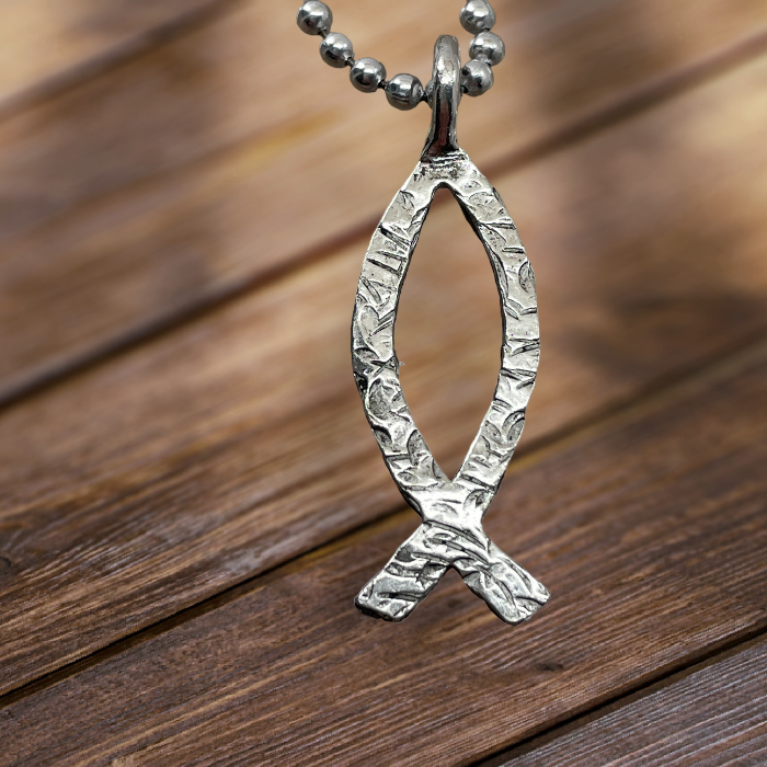 Ichthus Fish Hammered Finish Ball Chain Necklace