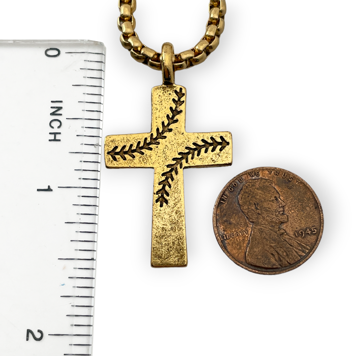 Baseball Stitch Cross Gold Finish Necklace on Heavy Chain