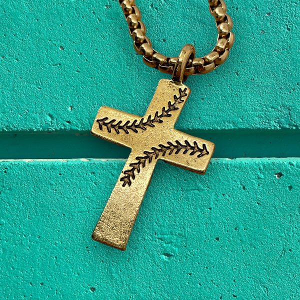 Baseball Stitch Cross Gold Finish Necklace on Heavy Chain