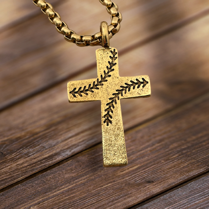Baseball Stitch Cross Gold Finish Necklace on Heavy Chain Forgiven Jewelry