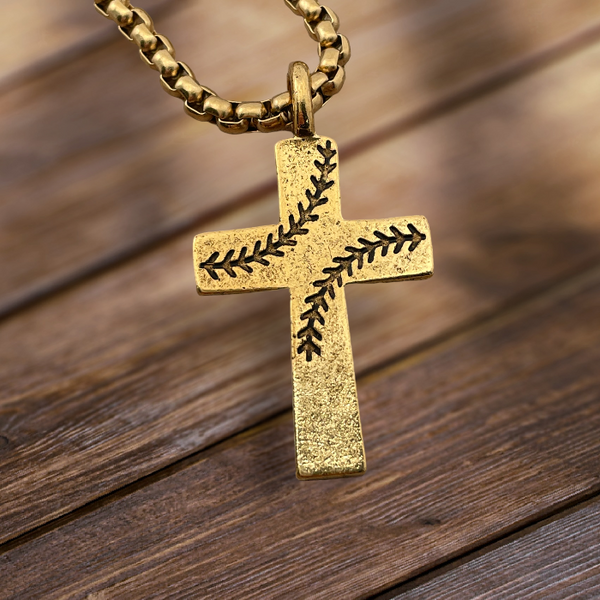 Baseball Stitch Cross Gold Finish Necklace on Heavy Chain
