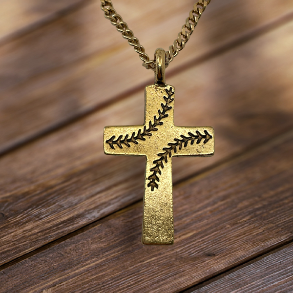 Baseball Stitch Cross Gold Finish Necklace on Chain