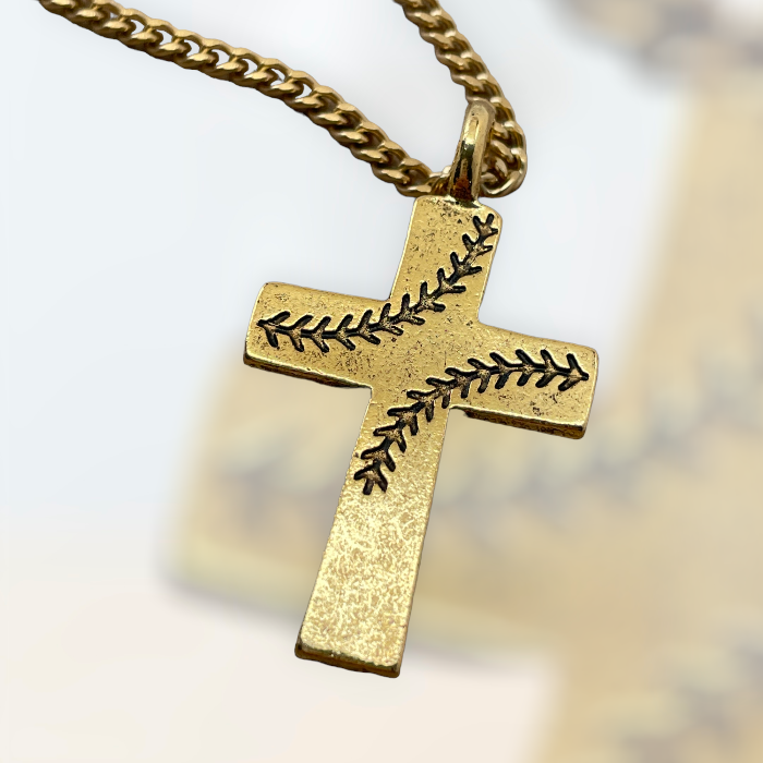 Baseball Stitch Cross Gold Finish Necklace on Chain