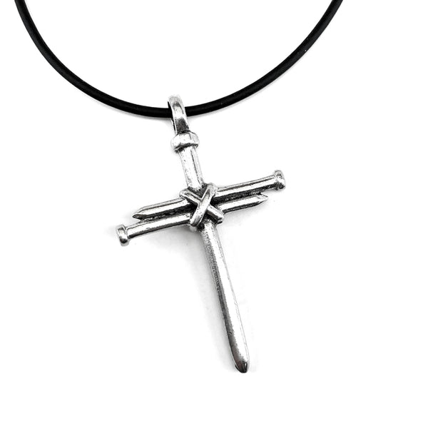 Nail Cross Antique Silver Finish Black Rubber Necklace - Forgiven Jewelry