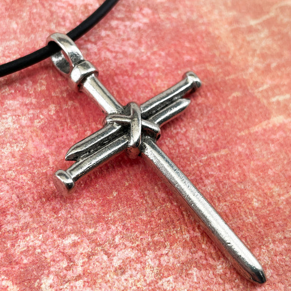 Nail Cross Antique Silver Finish Black Rubber Necklace - Forgiven Jewelry