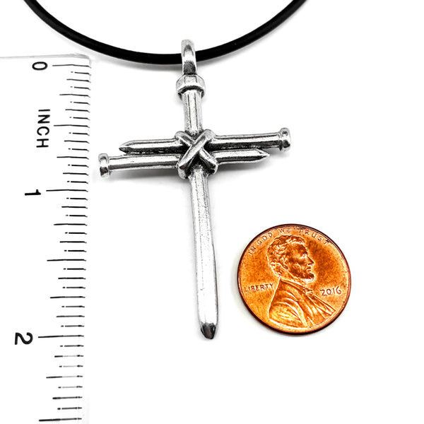 Nail Cross Antique Silver Finish Black Rubber Necklace - Forgiven Jewelry