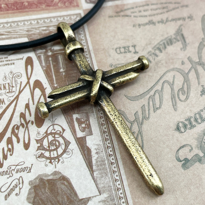 Nail Cross Antique Brass Finish Black Rubber Necklace - Forgiven Jewelry