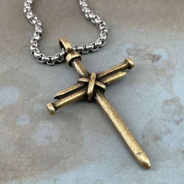 Nail Cross Antique Brass Finish Heavy Chain Necklace - Forgiven Jewelry