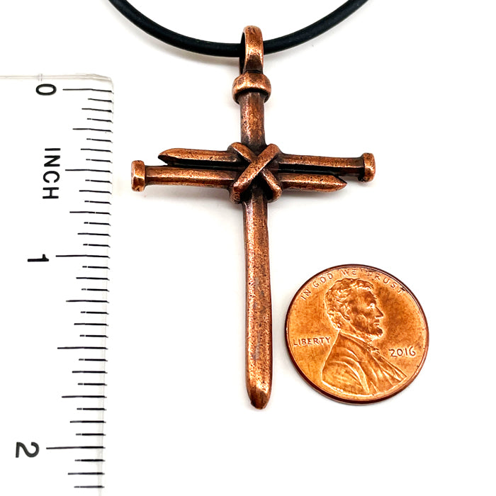 Nail Cross Antique Copper Finish Black Rubber Necklace - Forgiven Jewelry