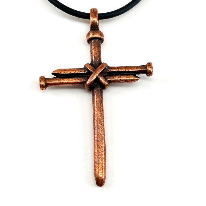 Nail Cross Antique Copper Finish Black Rubber Necklace - Forgiven Jewelry