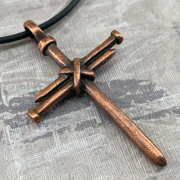 Nail Cross Antique Copper Finish Black Rubber Necklace - Forgiven Jewelry