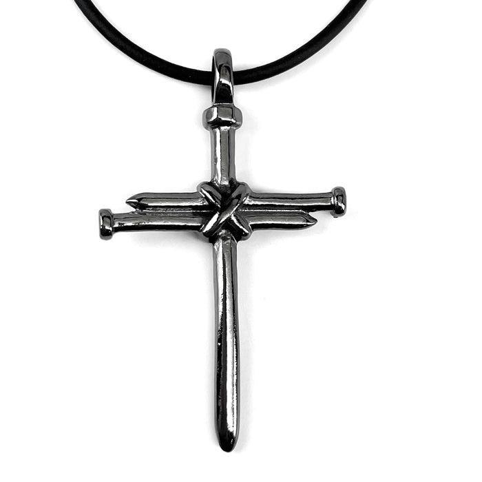 Nail Cross Gunmetal Finish Black Rubber Necklace - Forgiven Jewelry