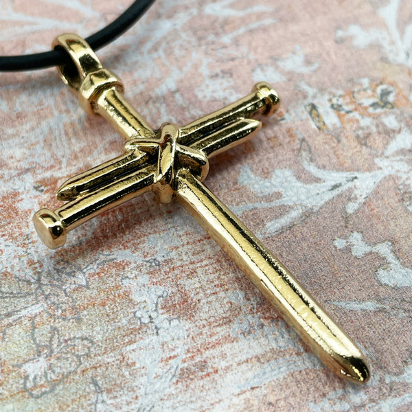 Nail Cross Antique Gold Finish Black Rubber Necklace - Forgiven Jewelry