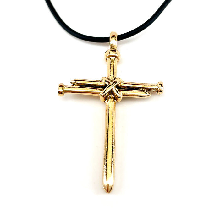 Nail Cross Antique Gold Finish Black Rubber Necklace - Forgiven Jewelry