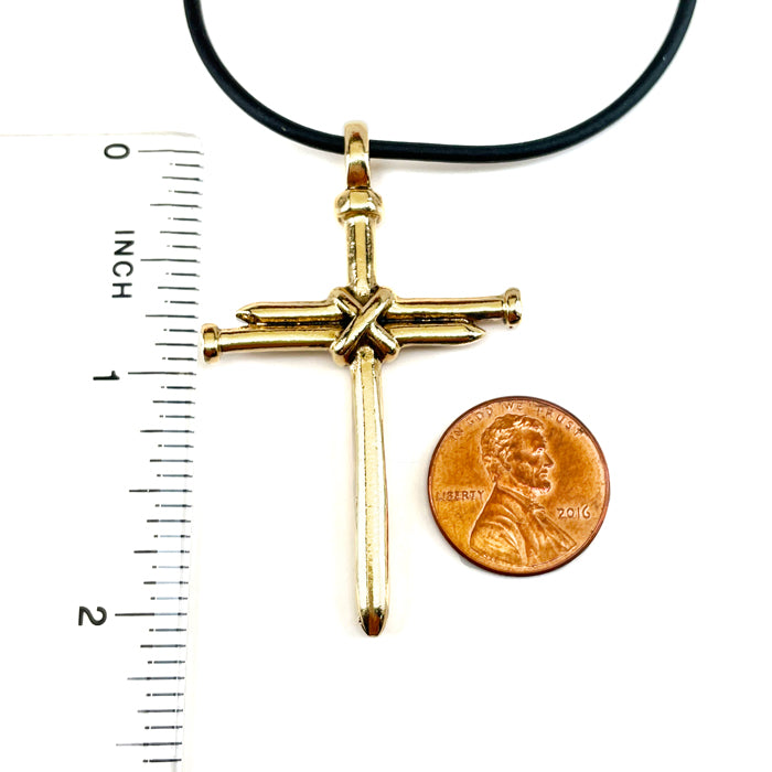 Nail Cross Antique Gold Finish Black Rubber Necklace - Forgiven Jewelry