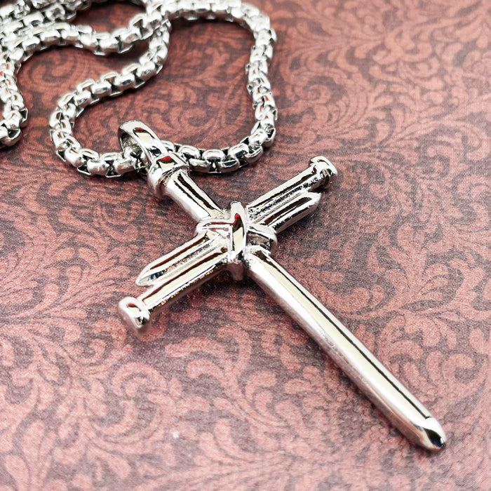 Nail Cross Rhodium Finish Heavy Chain Necklace - Forgiven Jewelry
