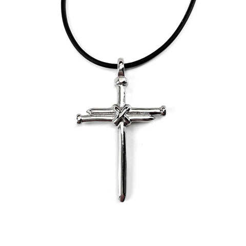 Nail Cross Rhodium Finish Black Rubber Necklace - Forgiven Jewelry
