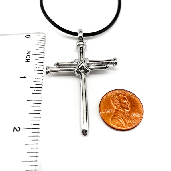 Nail Cross Rhodium Finish Black Rubber Necklace - Forgiven Jewelry