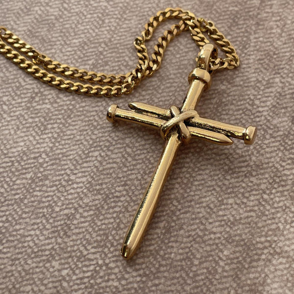 Nail Cross Gold Metal Finish Pendant Gold Finish Chain Necklace