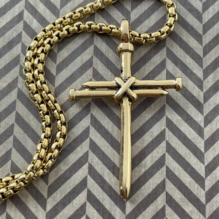 Nail Cross Gold Metal Finish Pendant Gold Finish Heavy Chain Necklace