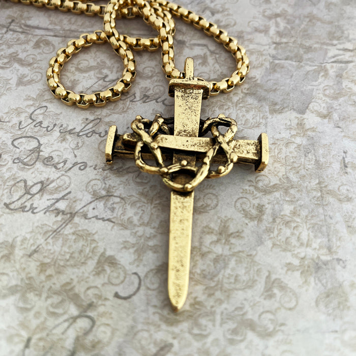 Nail Crown Of Thorns Large Cross Gold Finish Heavy Chain Necklace