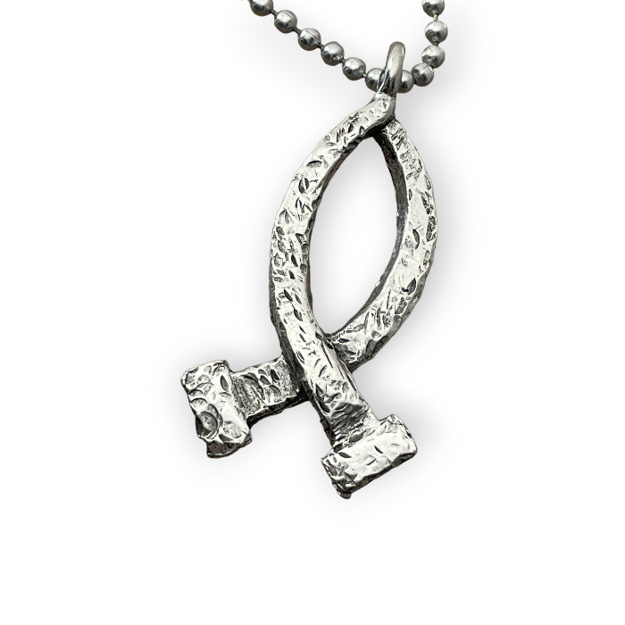 Ichthus Fish Hammered Nails Large Ball Chain Necklace