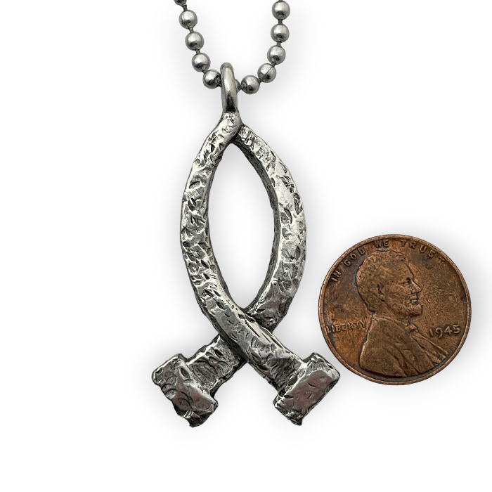 Ichthus Fish Hammered Nails Large Ball Chain Necklace