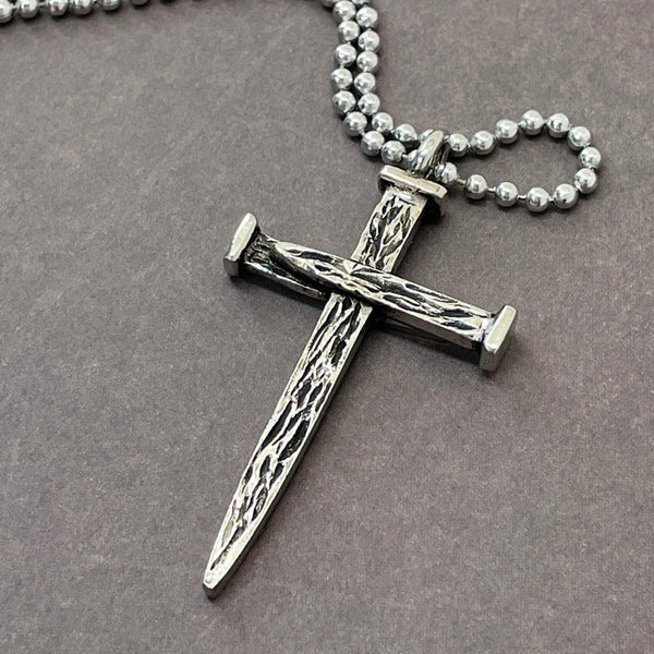 Nail Cross Large Rugged Antique Silver Finish Pendant Ball Chain Necklace