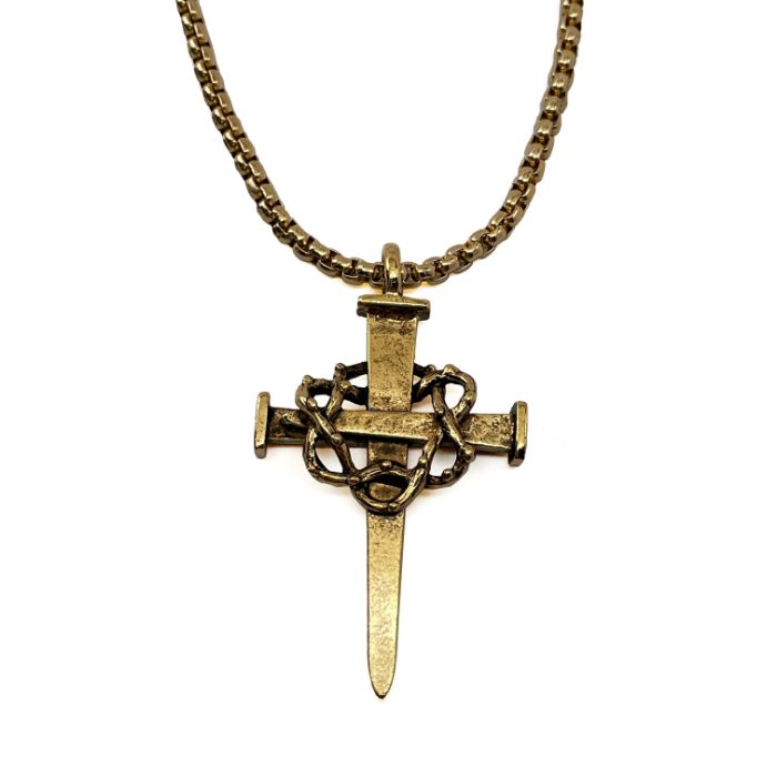 Nail Crown Of Thorns Large Cross Gold Finish Heavy Chain Necklace