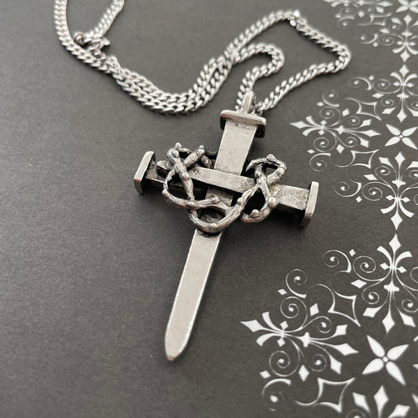 Crown Of Thorns Nail Cross Large Pendant Antique Silver Metal Finish Chain Necklace