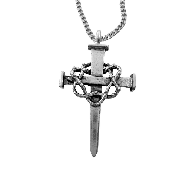 Crown Of Thorns Nail Cross Large Pendant Antique Silver Metal Finish Chain Necklace