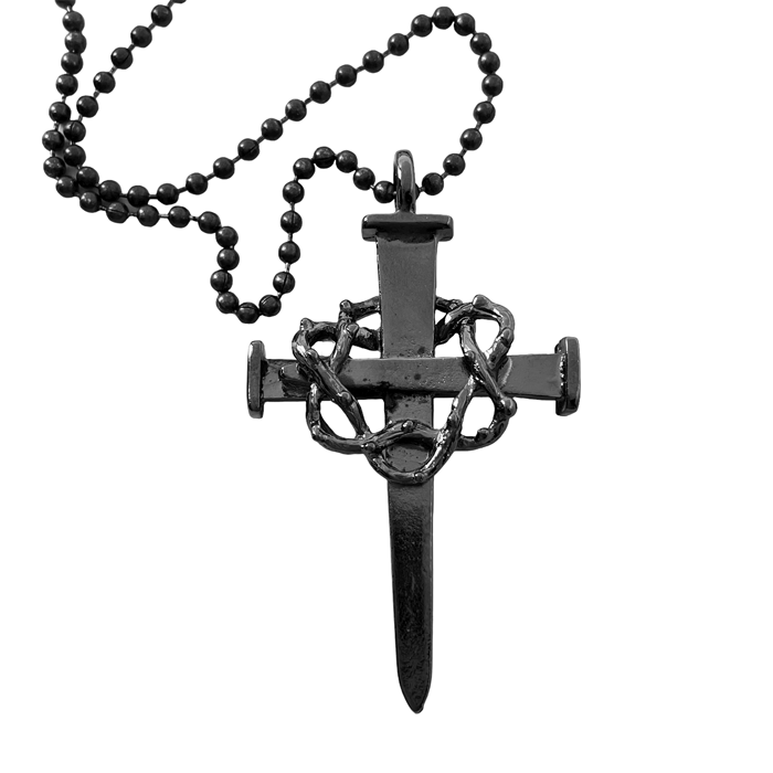 Crown Of Thorns Nail Cross Large Pendant Dark Metal Finish Black