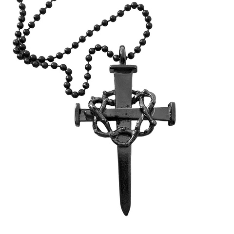 Crown Of Thorns Nail Cross Large Pendant Dark Metal Finish Black Ball Chain Necklace