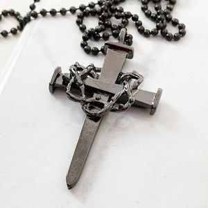 Crown Of Thorns Nail Cross Large Pendant Dark Metal Finish Black Ball Chain Necklace