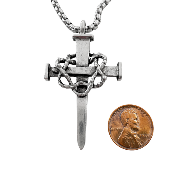 Crown Of Thorns Nail Cross Large Pendant Antique Silver Metal Finish Heavy Chain Necklace