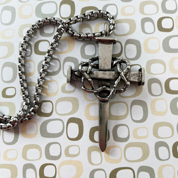 Crown Of Thorns Nail Cross Large Pendant Antique Silver Metal Finish Heavy Chain Necklace