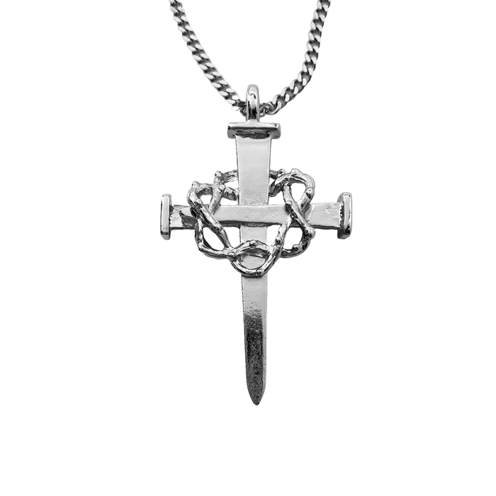 Crown Of Thorns Nail Cross Large Pendant Rhodium Metal Finish Chain Necklace