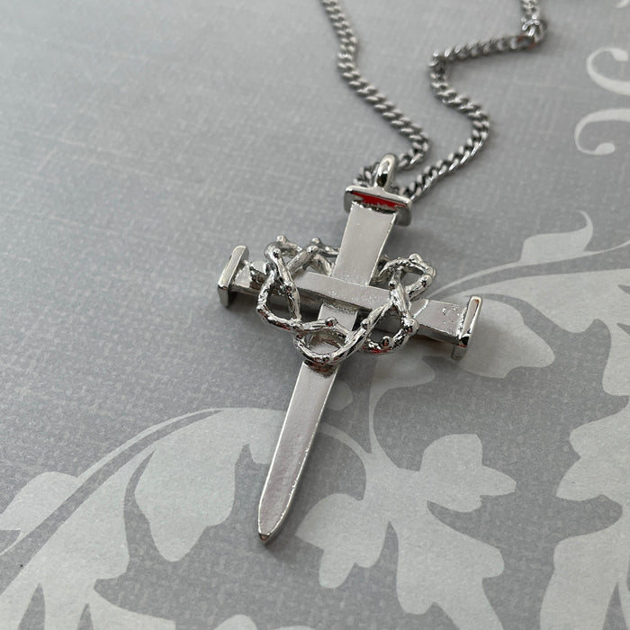 Crown Of Thorns Nail Cross Large Pendant Rhodium Metal Finish Chain Necklace