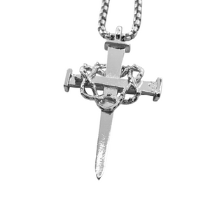 Crown Of Thorns Nail Cross Large Pendant Rhodium Metal Finish Heavy Chain Necklace