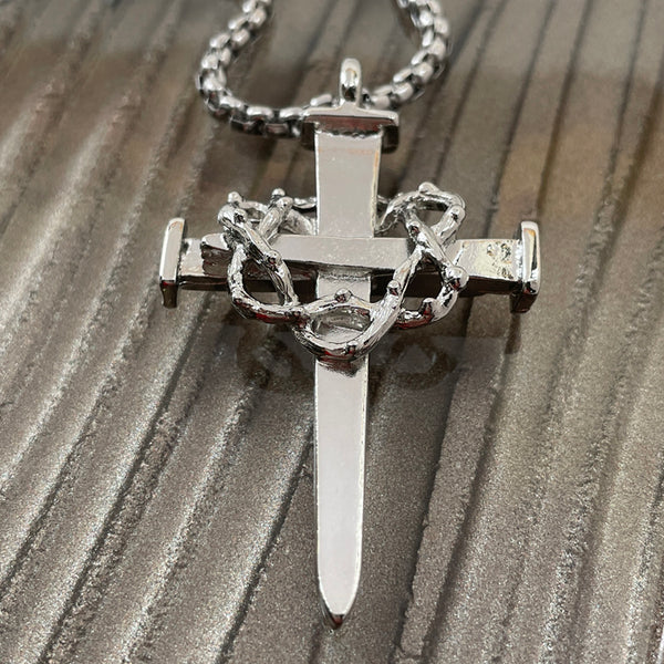 Crown Of Thorns Nail Cross Large Pendant Rhodium Metal Finish Heavy Chain Necklace