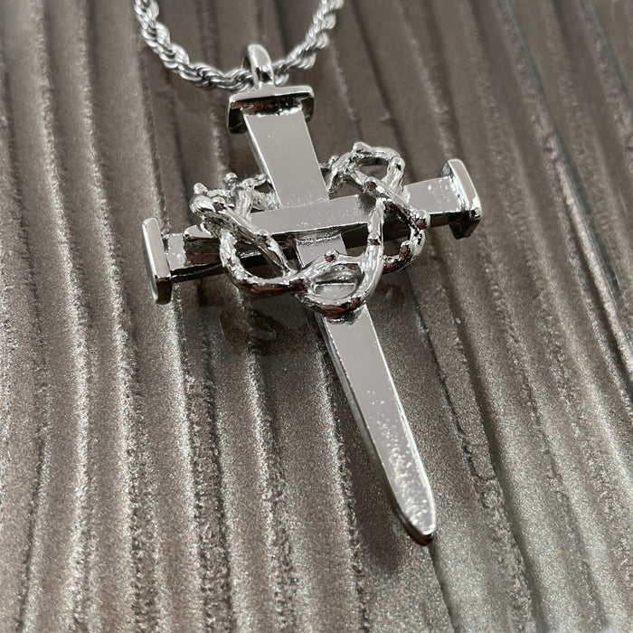 Crown Of Thorns Nail Cross Large Pendant Rhodium Metal Finish Twisted Rope Chain Necklace