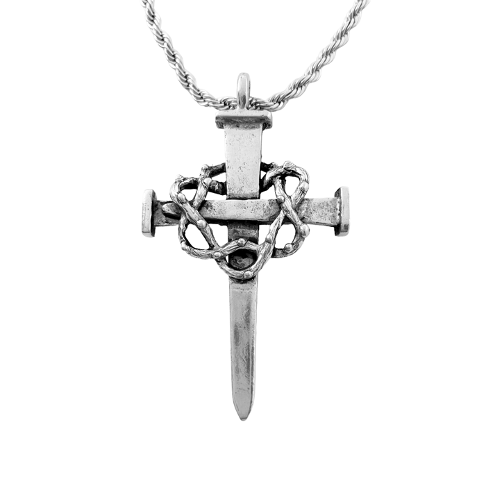 Crown Of Thorns Nail Cross Large Pendant Antique Silver Metal Finish Twisted Rope Chain Necklace