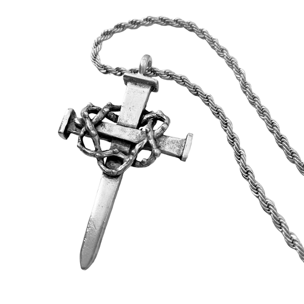 Crown Of Thorns Nail Cross Large Pendant Antique Silver Metal Finish Twisted Rope Chain Necklace