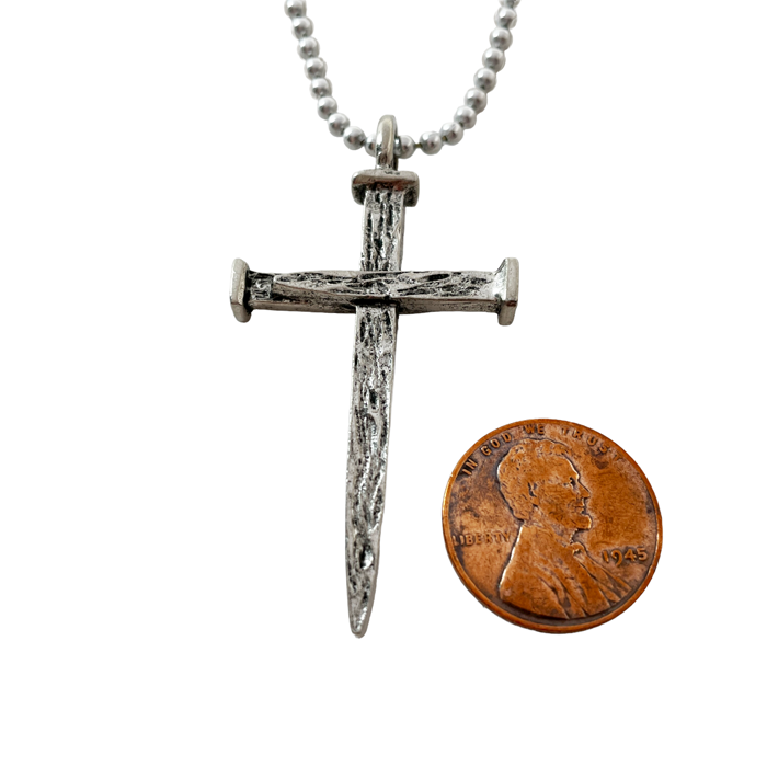 Nail Cross Large Rugged Antique Silver Finish Pendant Ball Chain Necklace